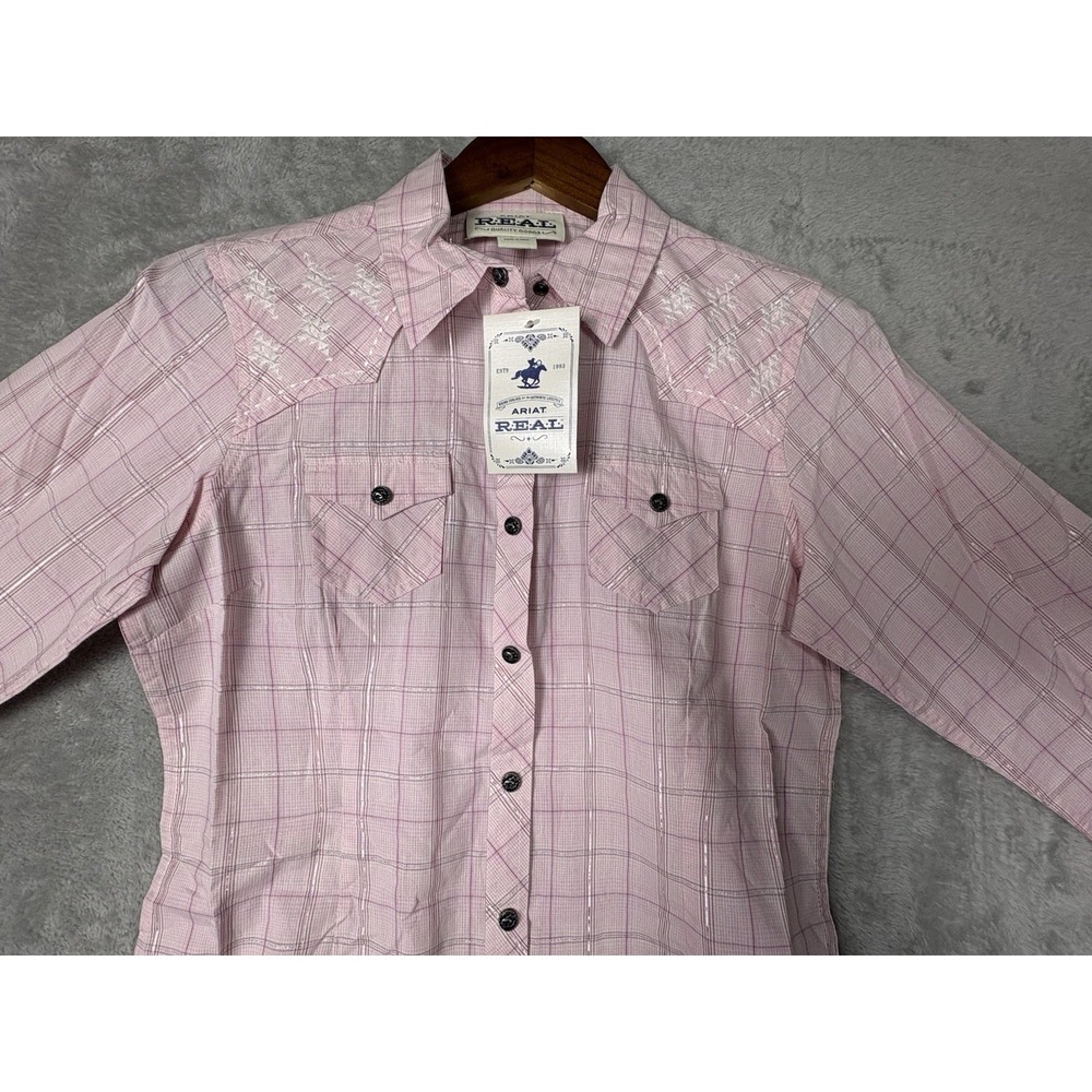 Ariat Real Rachel Bronco Snap Button Front Long Sleeve Western Pink Plaid Small - Picture 2 of 14